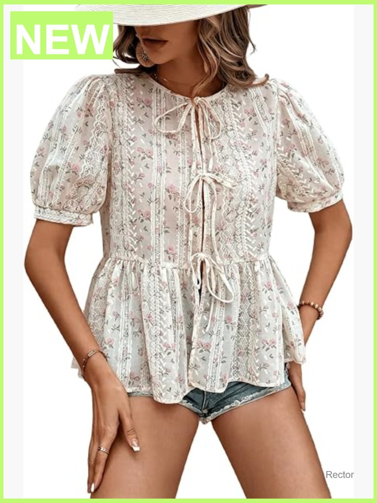 Floral Print Bow Tie Front Peplum Blouse Puff Short Sleeve